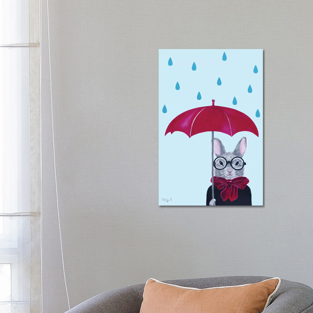 Kaninchen mit rotem Regenschirm im Regen von Sally B - Galerie-verpackte Leinwand Giclée auf Leinwand