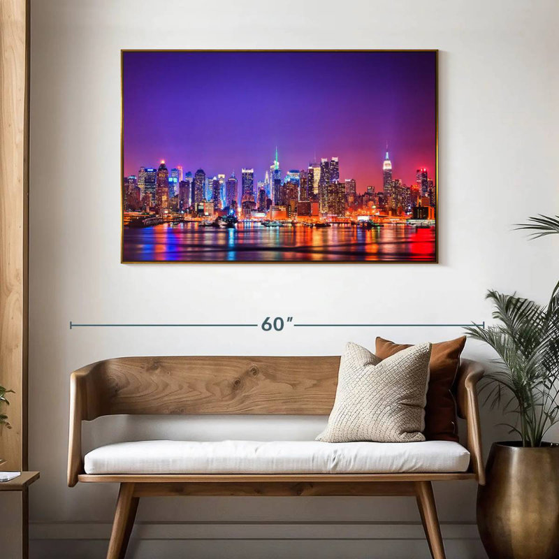 New York, la nuit, 46 po x 31 po, Cadre flottant doré