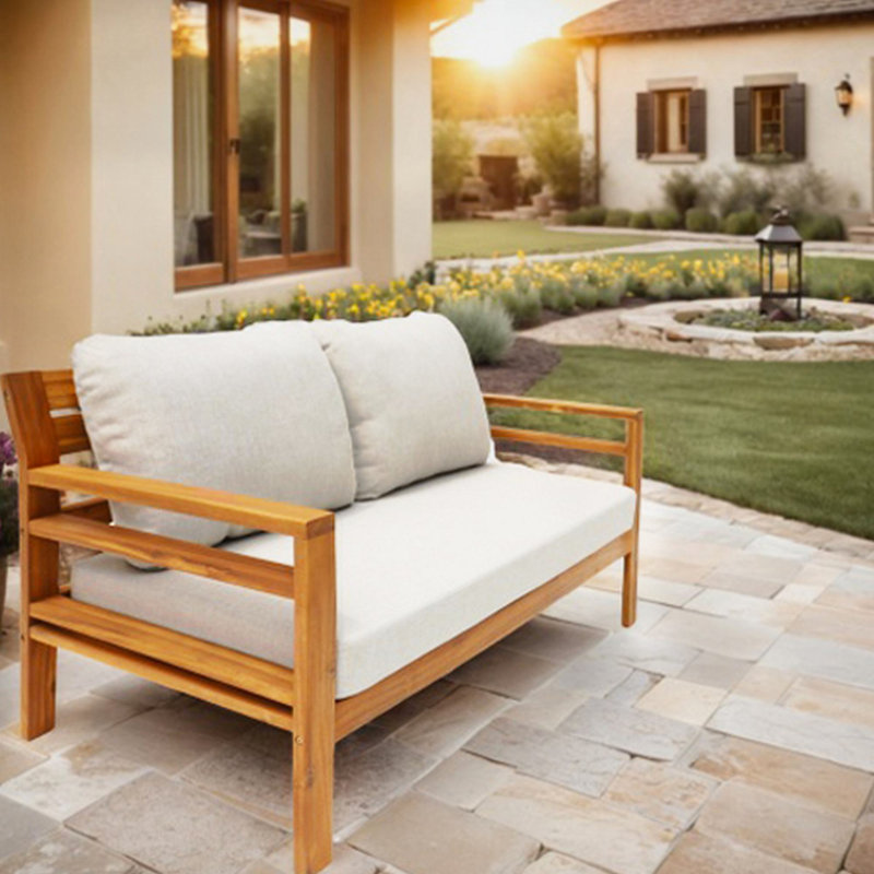 Oketa Acacia Wood Patio Loveseat With Cushions