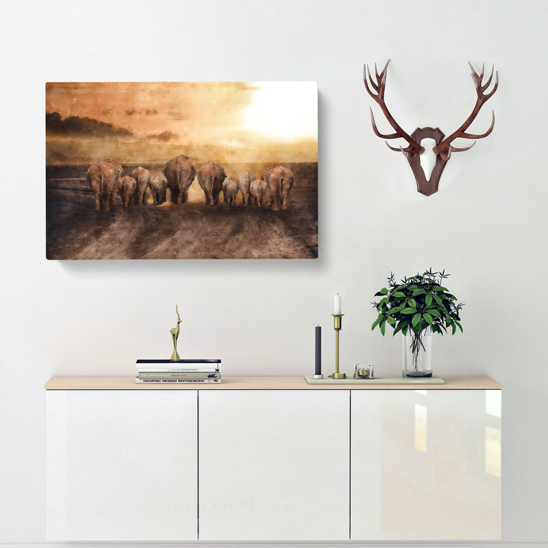 Herd Of Elephants On A Dusty Road - Wrapped Canvas, 50cm H x 76cm W x 3cm D