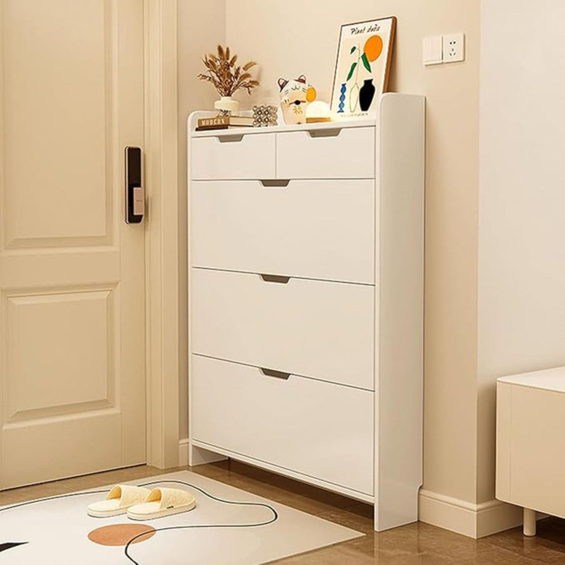 Slim White Shoe Cabinet For Small Entryway – Thin Shoe Storage Organizer With 2 Drawers & 3 Flip-down Compartments, Space-saving Shoe Rack For Hallway, Living Room, Bedroom Or Walk-in Closet