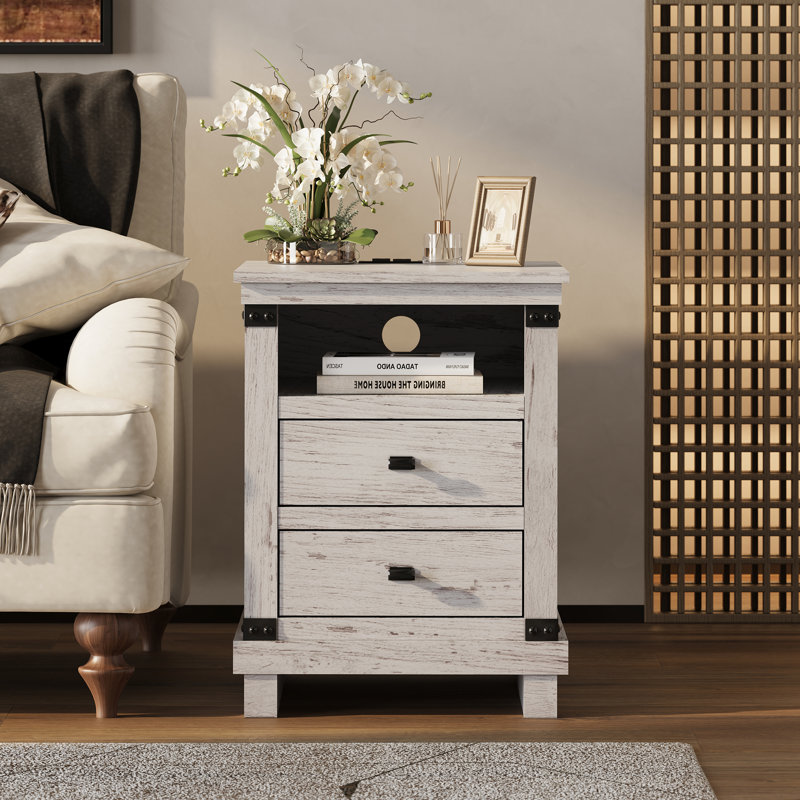 18"W Farmhouse Nightstand with Charging Station & 2 - Drawers, Oyster Gray
