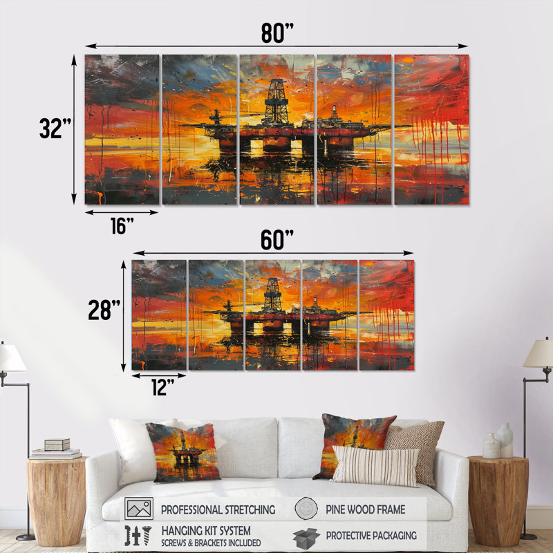 Orange Orange Oil Rig Ocean Drill - ensemble de reproductions d'art mural, H 32 po x l 80 po