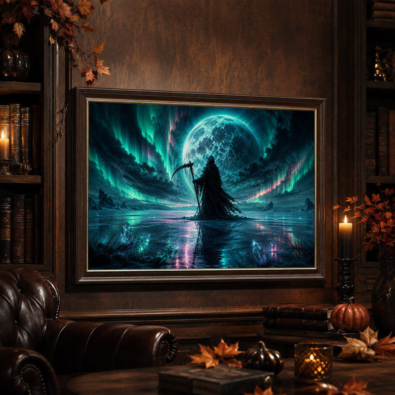 Tableau mural sur toile verte représentant une faucheuse à capuchon sous une lune bleue, idéale pour l’Halloween.