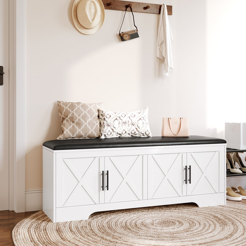 47” Storage Bench With Padded Seat Cushion For Entryway, Living Room, Bedroom, White