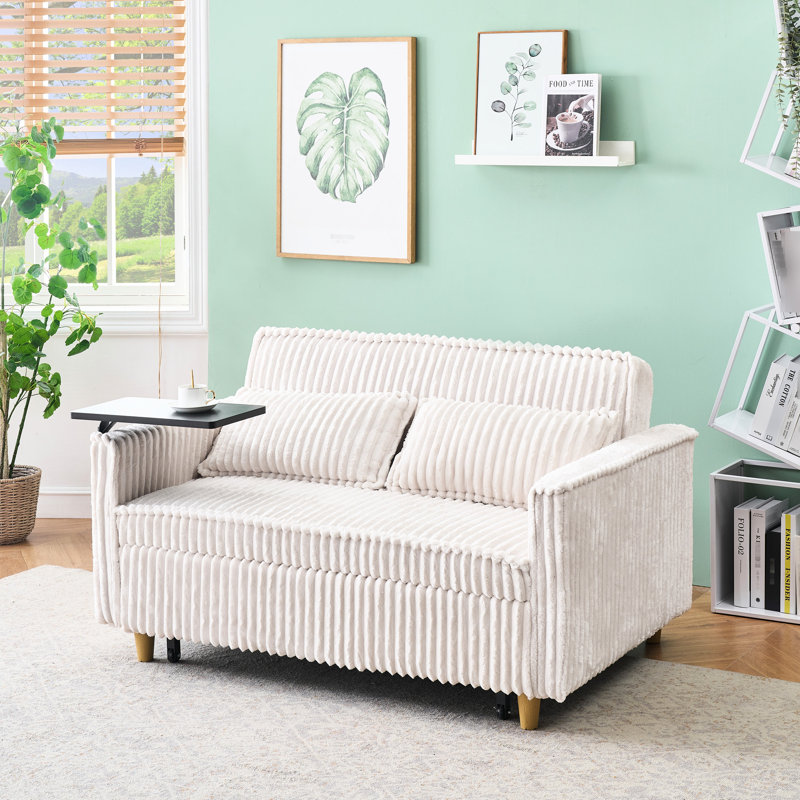 Bureau convertible en velours côtelé beige avec double tablette mobile et interface pour les intérieurs modernes, pour vous simplifier la vie.