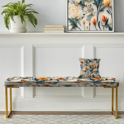 Orange And Green Tranquil Flowers Zen - Botanical Upholstered Gold Bench