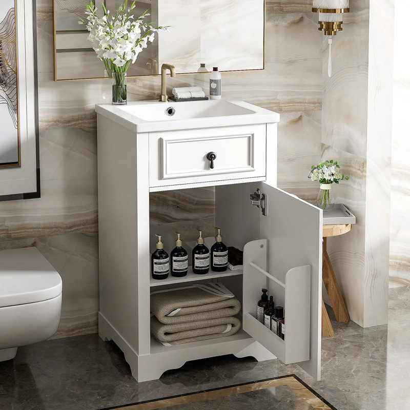 Meuble-lavabo de 20 pouces avec lavabo en céramique, porte à fermeture douce, tablette réglable et support de rangement fixé à la porte - idéal pour les petites salles de bain