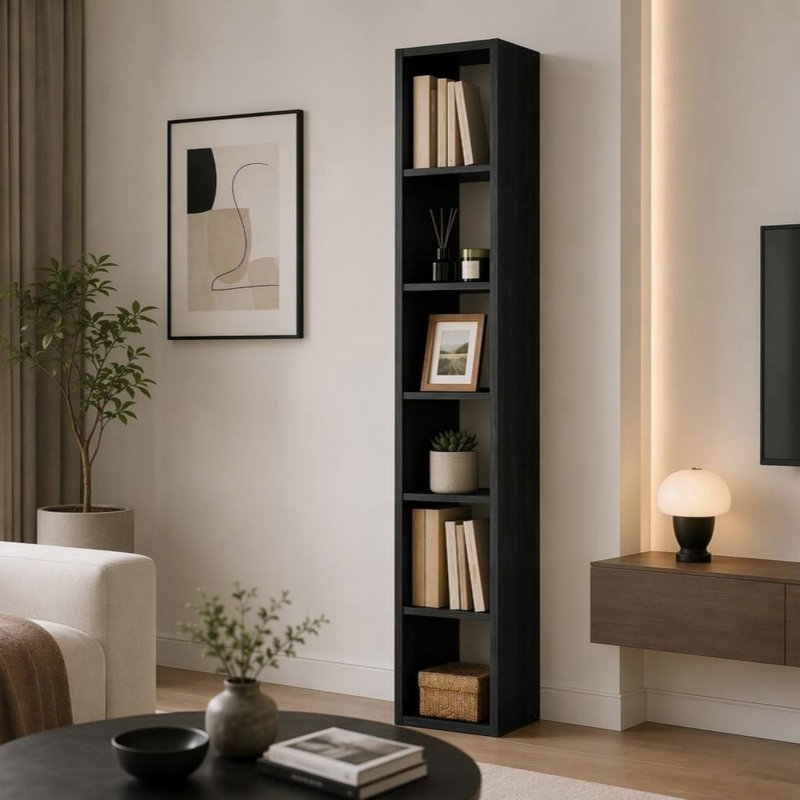 Bibliothèque d'angle haute et étroite à 6 tablettes, étagères verticales ouvertes et minces pour les petits espaces, Noir