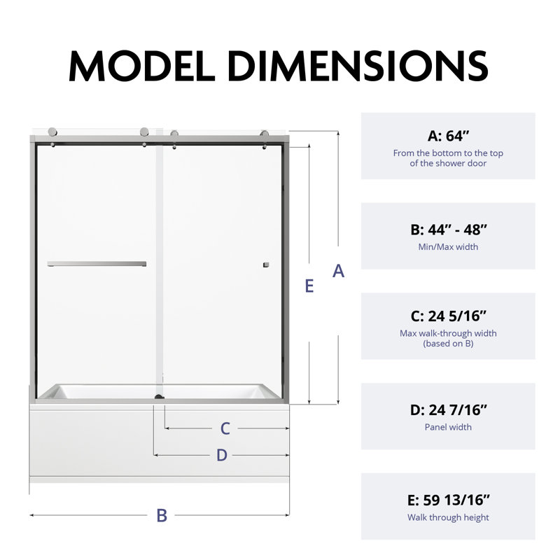 56" - 60" W x 64"H Frameless  Double Sliding Glass Tub Shower Doors | 5/16" (10mm) Clear Tempered Glass | Leak-Proof Precision | Durable Stainless Steel Hardware | Perfect Adjustment Uneven Walls