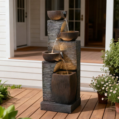 38.2" Outdoor Water Fountain,Stone Texture Modern 4 Tiers Cascading Bowls Garden Fountains Outdoor,Suit For Patio, Deck, Porch, Lawns, Backyard