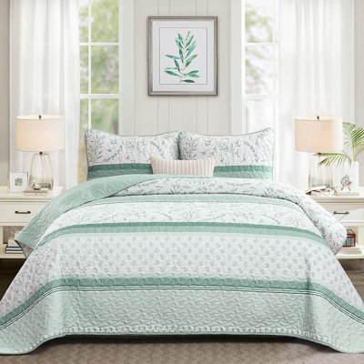 3 Pieces Boho Patchwork Leaves Printed Striped Quilt Set Soft Lightweight Microfiber Bedspread Coverlet with Pillowcases All Season