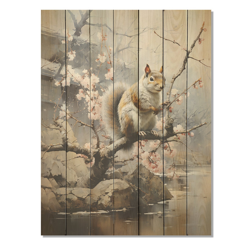 Écureuil brun sur fond de cerisier rose I - animal écureuil sur bois, H 32 po x l 24 po
