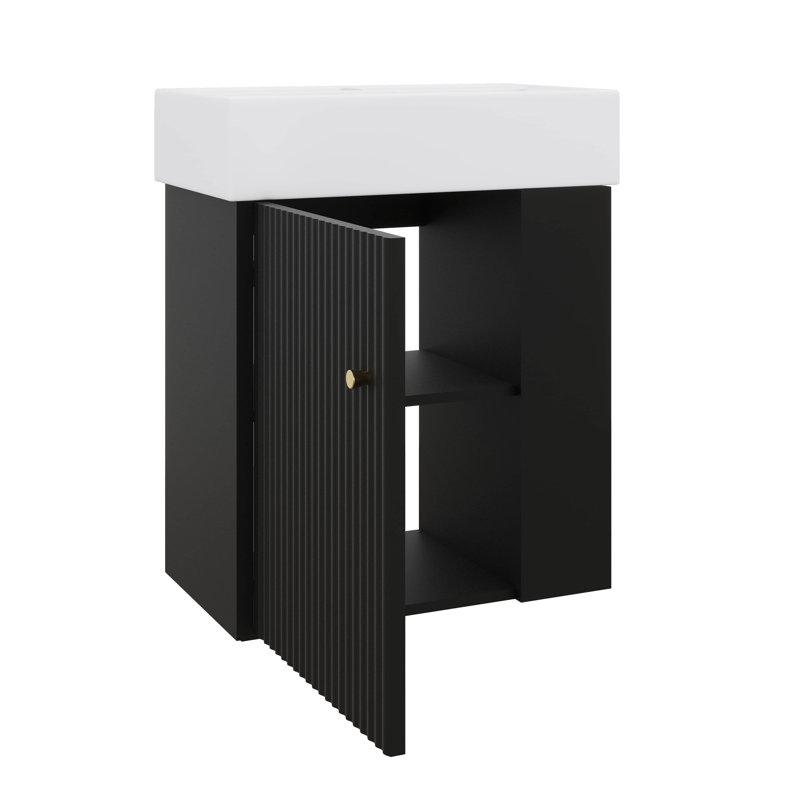 Meuble-lavabo flottant moderne de 21,6 po avec armoire de rangement murale en céramique, Noir