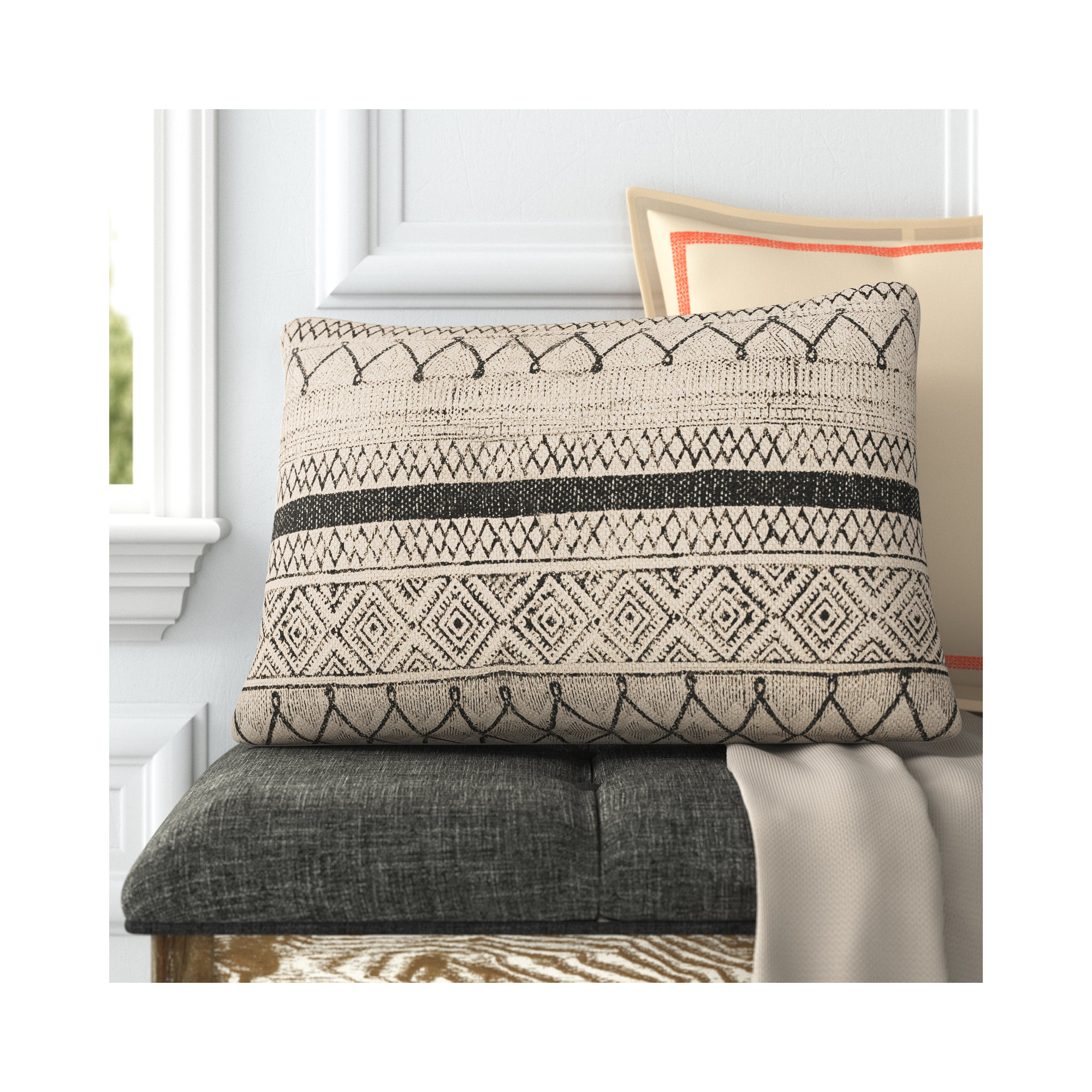 Zetta Geometric Cotton Lumbar Throw Pillow, Polyester/Polyfill, Light Beige/Black