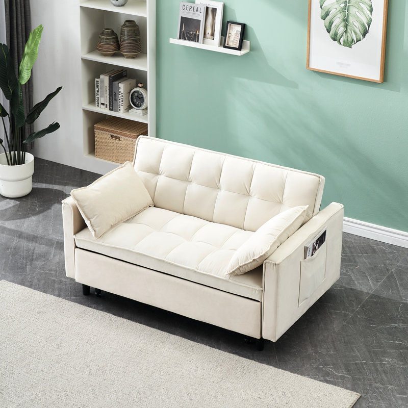 Lit convertible avec revêtement en velours, confortable, pour chambre à coucher, sommeil moderne 3 en 1 beige, rembourrage en éponge, pied en métal, 2
