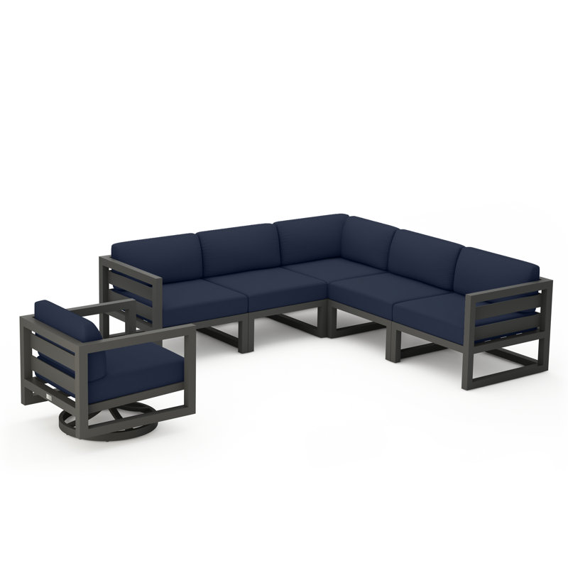 Avion 6 Piece Sectional Set With Swivel, Slate, Spectrum Indigo Sunbrella®