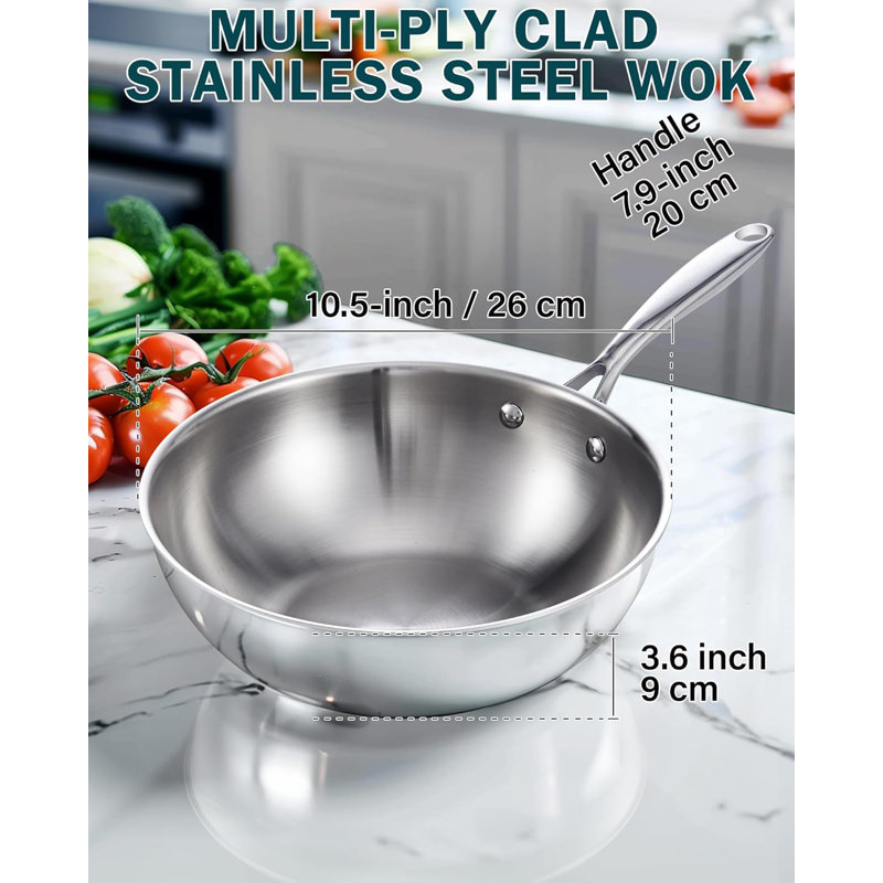 Wok standard en acier inoxydable 10,5 pouces avec couvercle, poêle à frire à fond plat, poêle à frire profonde, va au lave-vaisselle et au four, compatible avec toutes les surfaces de cuisson