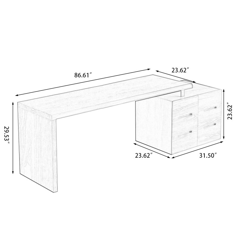 Bureau rectangulaire en bois massif avec 6 tiroirs Burlywood, Retour à droite, H 29,53 po x l 86,61 po x P 23,62 po