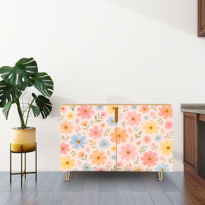 Buffet Buffet avec rangement Pastel floral mignon fleurs peintes à la main rose jaune bleu doux beige avec 2 portes pour le salon et la cuisine