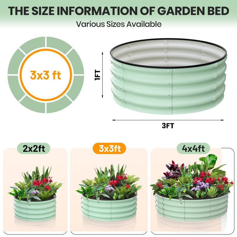 2 pcs Round 2*2*1 FT GREEN Heavy-Duty Galvanized Raised Garden Beds Outdoor Planters Large Metal Flower & Vegetable Boxes Reinforced Base, Safe Rubber Edges