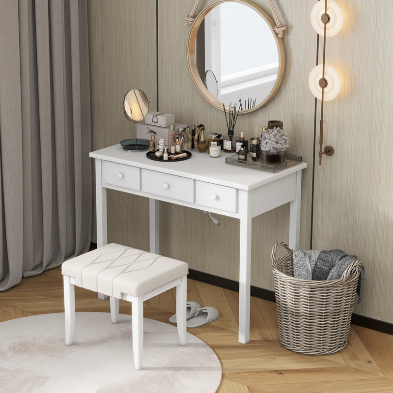 Mailiah Solid Wood Base Writing Desk with Power Outlet, White