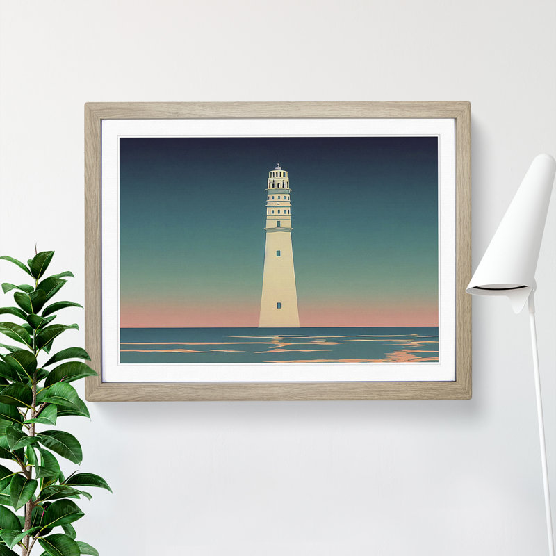 Lighthouse Deco Style - Single Picture Frame Print, 34cm H x 46cm W, Grey