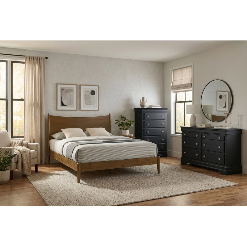 Barvelle Solid Wood Bedroom Set, Black/Walnut, 3 Pcs: Bed, Dresser, Chest