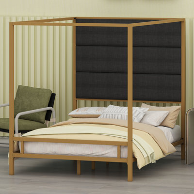 Ensemble de lit à baldaquin moderne en métal avec tête de lit tapissier en lin
