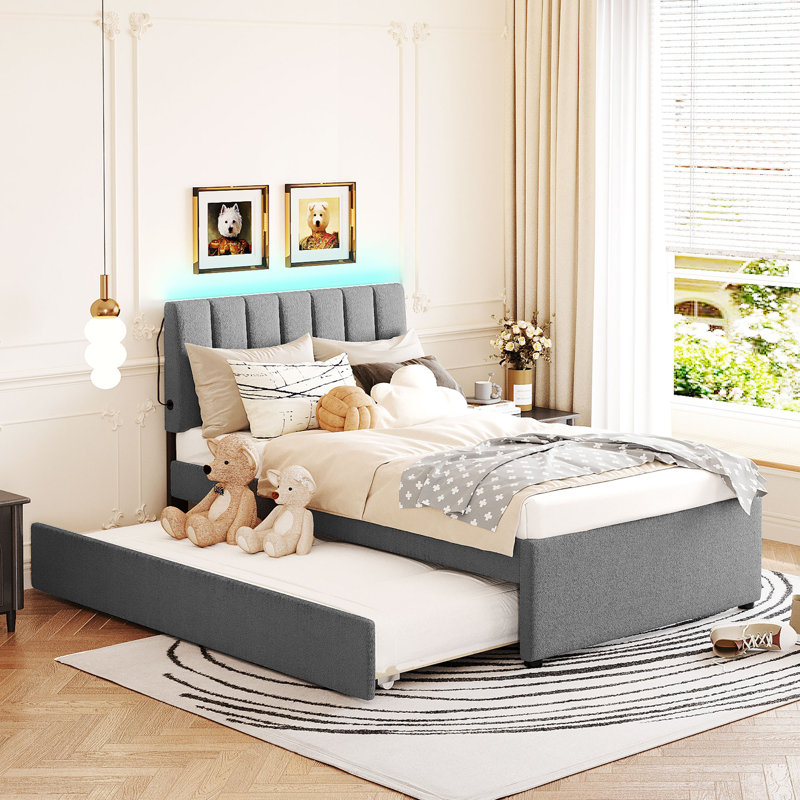 Lit plateforme tapissier avec lit gigogne, Gris, Lit simple