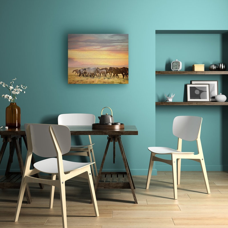 PHBurchett «Sunkissed Horses I», art en lattes de bois, L 22 po x H 18 po
