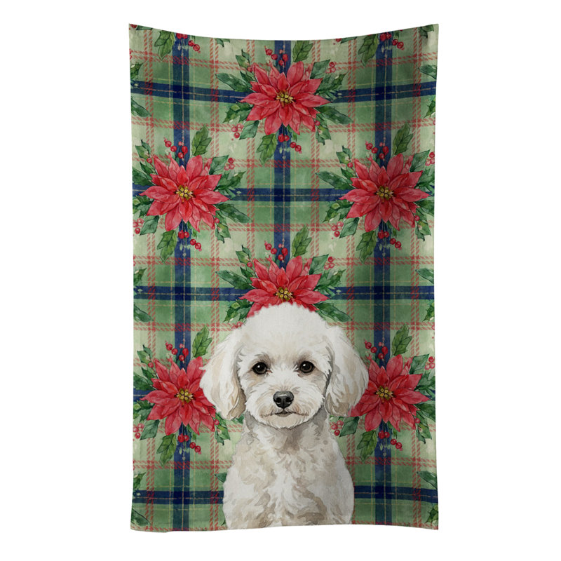 Toy White Poodle Christmas PoinsettIas Kitchen Towel, Toy White Poodle