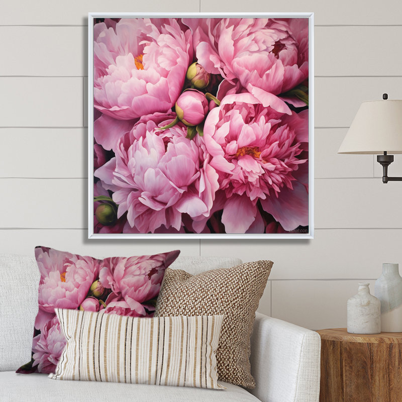 Pivoine rose verte captivante II - art floral sur toile, H 24 po x l 24 po x P 1 po, Cadre flottant blanc