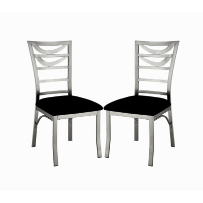 Contemporary Silver Metal 2Pc Dining Chairs Black Microfiber Seat Dining Room Ladder Back Chair Satin Plated Powder Coating