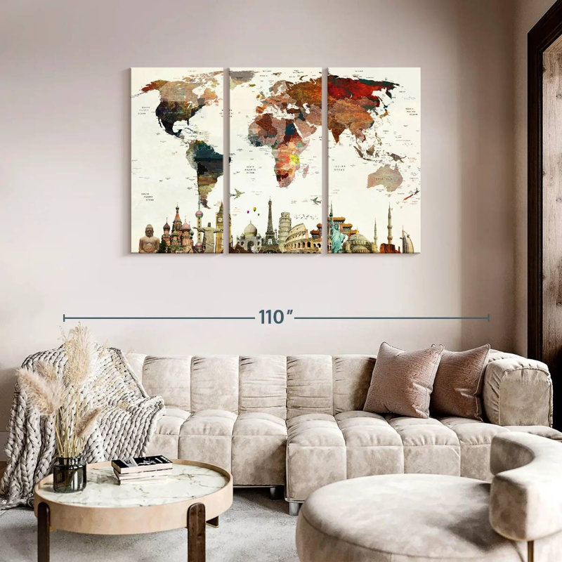 Carte du monde avec taches colorées 3 pièces, H 74 po x l 48 po x P 1,25 po