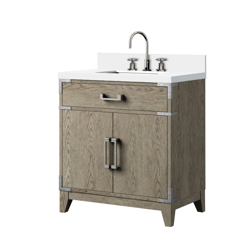 30 po L x P 22 po. Meuble-lavabo de salle de bain en chêne gris avec comptoir en quartz blanc poli à la main et robinet, Gris