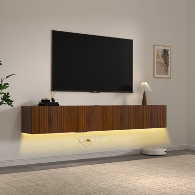 82 Inch Floating Tv Stand For 75 80" TV, Led Wall-Mounted Entertainment Center With Charging Station, Floating Tv Shelf For Living Room, Bedroom, Walnut Brown