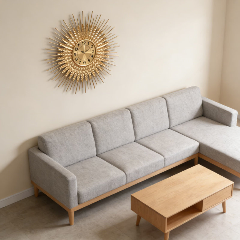 Grande horloge murale Sunburst moderne Mid-Century - Horloge décorative silencieuse en métal avec design blé