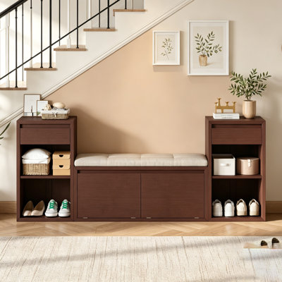 All-In-One Entryway Storage Bench With Cushion, Compartments, Drawers & Open Shelves, Ideal For Hallway, Mudroom, And Living Room