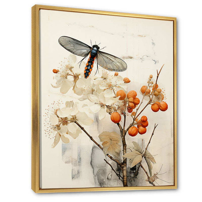Marfak Asian Art Insectes, corail sur toile, Cadre flottant doré, H 44 po x l 34 po x P 1,5 po