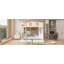 Lit superposé double au-dessus de double avec garde-corps en forme de maison et tablettes et tiroirs de rangement, blanc et naturel