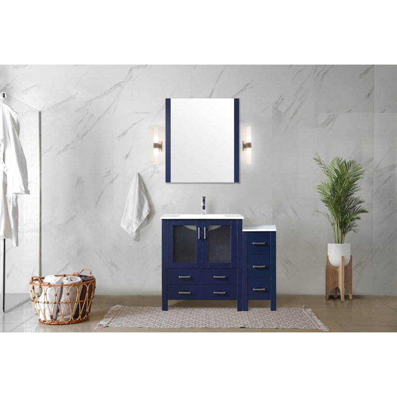 Meuble-lavabo simple bleu marine 42 po Largeur, armoire latérale, plateau en céramique blanche, robinet, fermeture en douceur, 5 tiroirs et rangement intérieur large pour la salle de bain avec surface, robinet, système de fermeture, 1