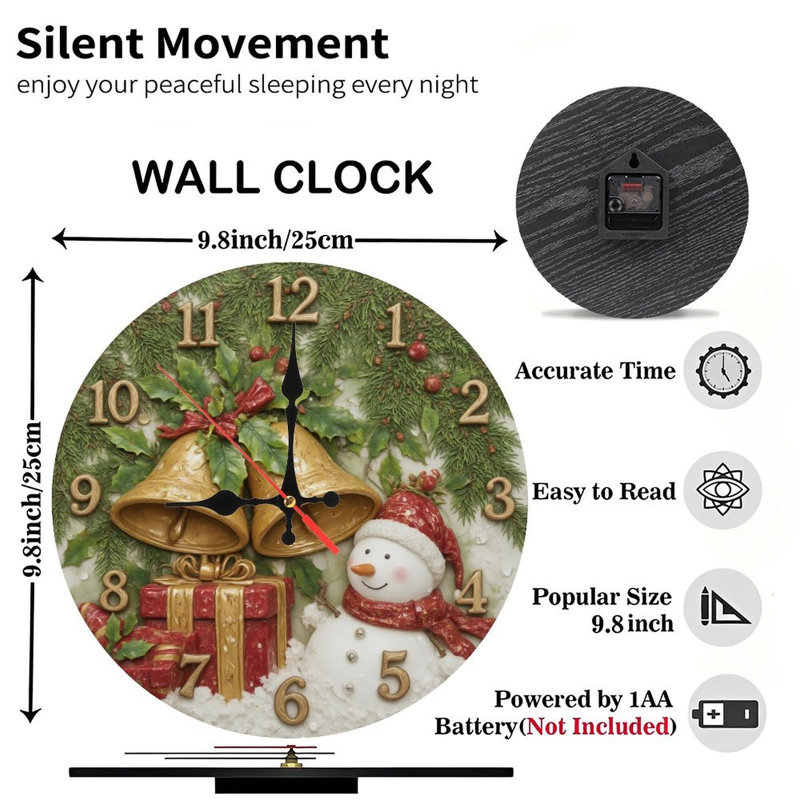 Noël-Horloge-Bonhomme de neige-Cadeaux-Cloches