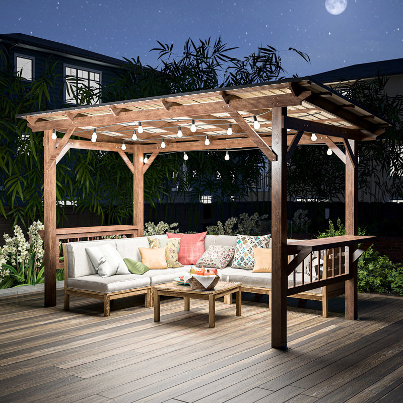 Pavillon de jardin en bois 13 pi x 6,5 pi avec toit en métal et toit de comptoir, ampoules