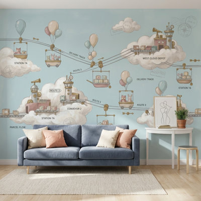 Papier peint fantaisiste avec nuage, paysage, livraison, route, carte, colis, thème, décoration murale amovible