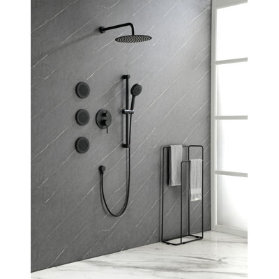 Système de douche avec pomme de douche, douche à main, barre coulissante, jets de corps, bras de douche, tuyau, garniture de valve et poignées à levier