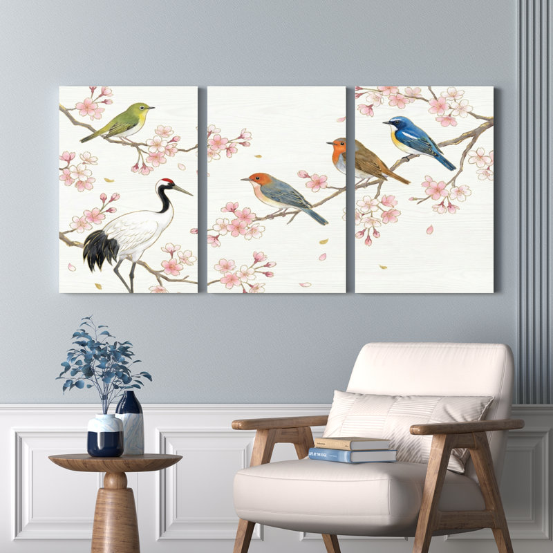 Ensemble de 3 tableaux sur toile représentant des oiseaux et des fleurs de cerisier, pour la décoration du salon et de la chambre.