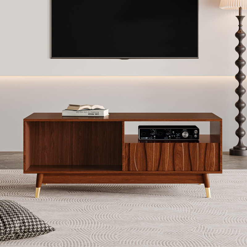 Table basse Keit de 47 po en bois de noyer moderne avec 2 tiroirs et rangement ouvert pour salon