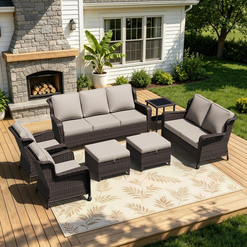 7-Piece Outdoor PE Wicker Patio Conversation Set with Sofas, Chairs, Ottomans, Side Table & Beige Cushions, Beige