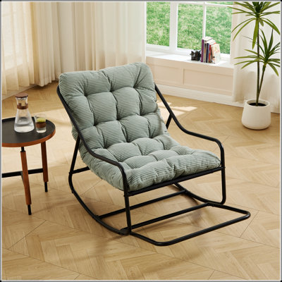 Chaise berçante d'extérieur avec coussin épais ultra-confortable, parfaite pour le salon, la chambre à coucher et la salle de lecture, structure noire avec coussin vert clair